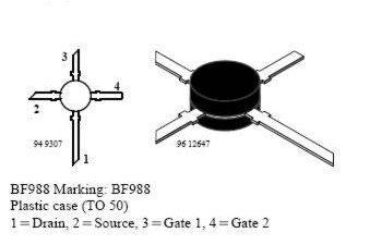 BF988 N FET 12V/30nA 0,2W 800MHz dualgate UHF